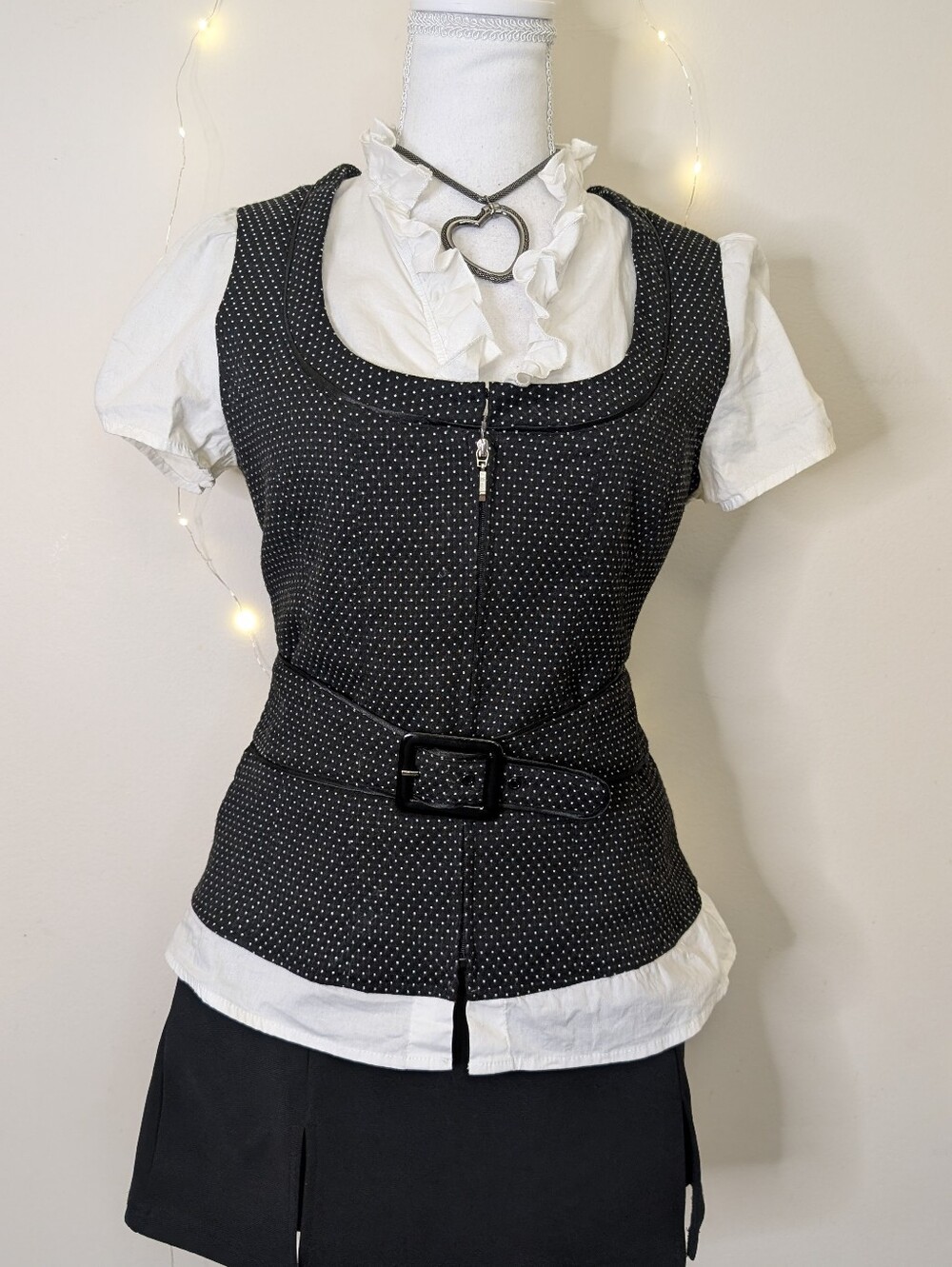 Black Polka Dot Belted Top with Ruffled Undershirt - Y2K